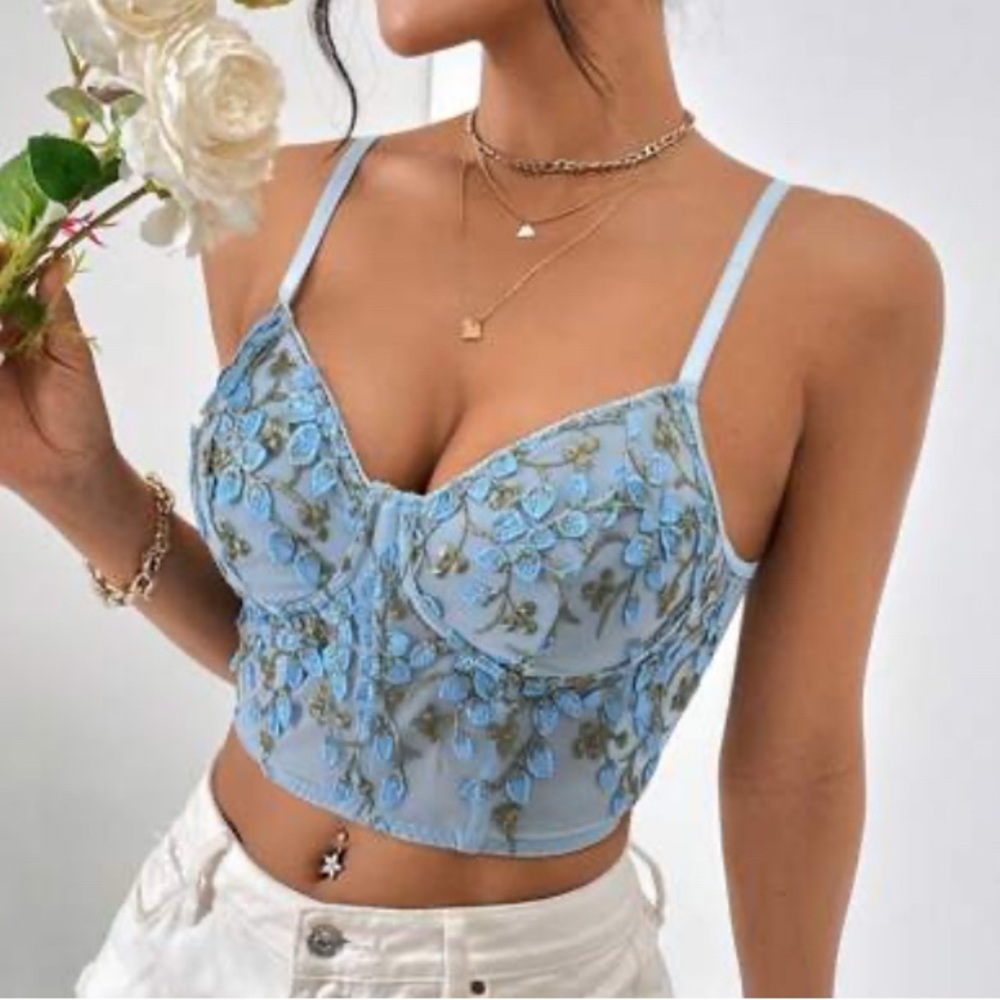 SHEIN Blue Floral Embroidered Mesh Crop Top